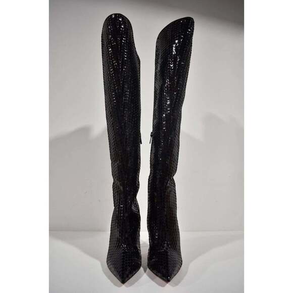 Christian Louboutin Alta Botta 100 Black Patent Bird Knee High Heel Boot 38.5 - Picture 6 of 12